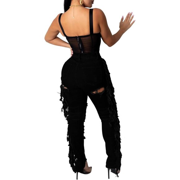 Women Ripped Denim Jeans Washed Hole Mid Waist Straight Leg Stretch - Picture 2 of 2